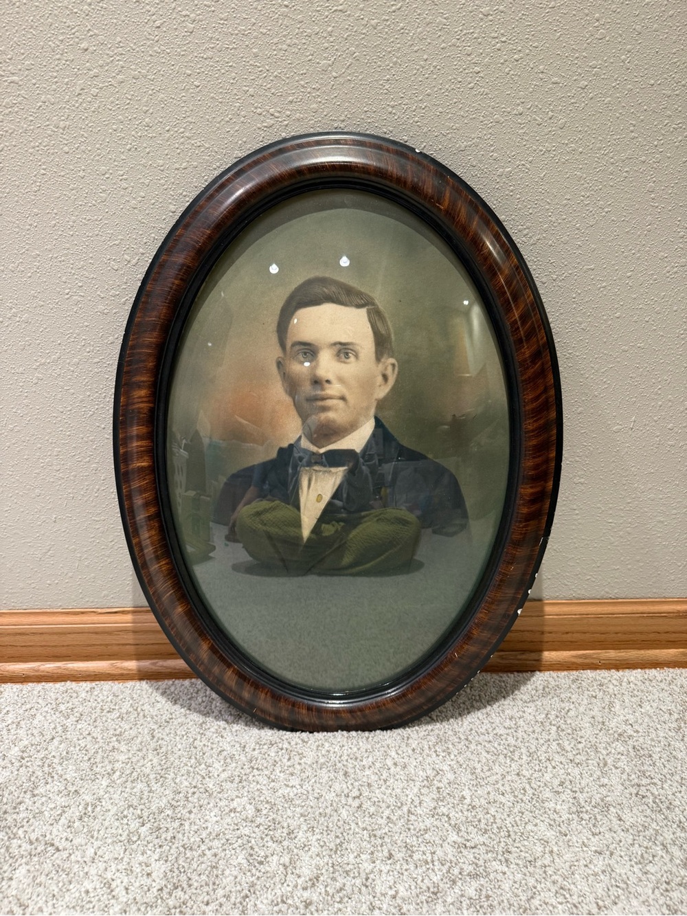 Antique Oval Convex Bubble Glass Portrait Frame Vintage Young Man Crayon